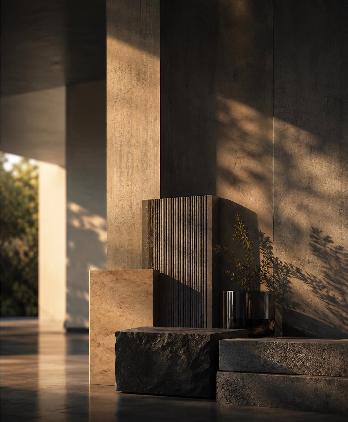 Architectural material study, in-situ concrete in warm light