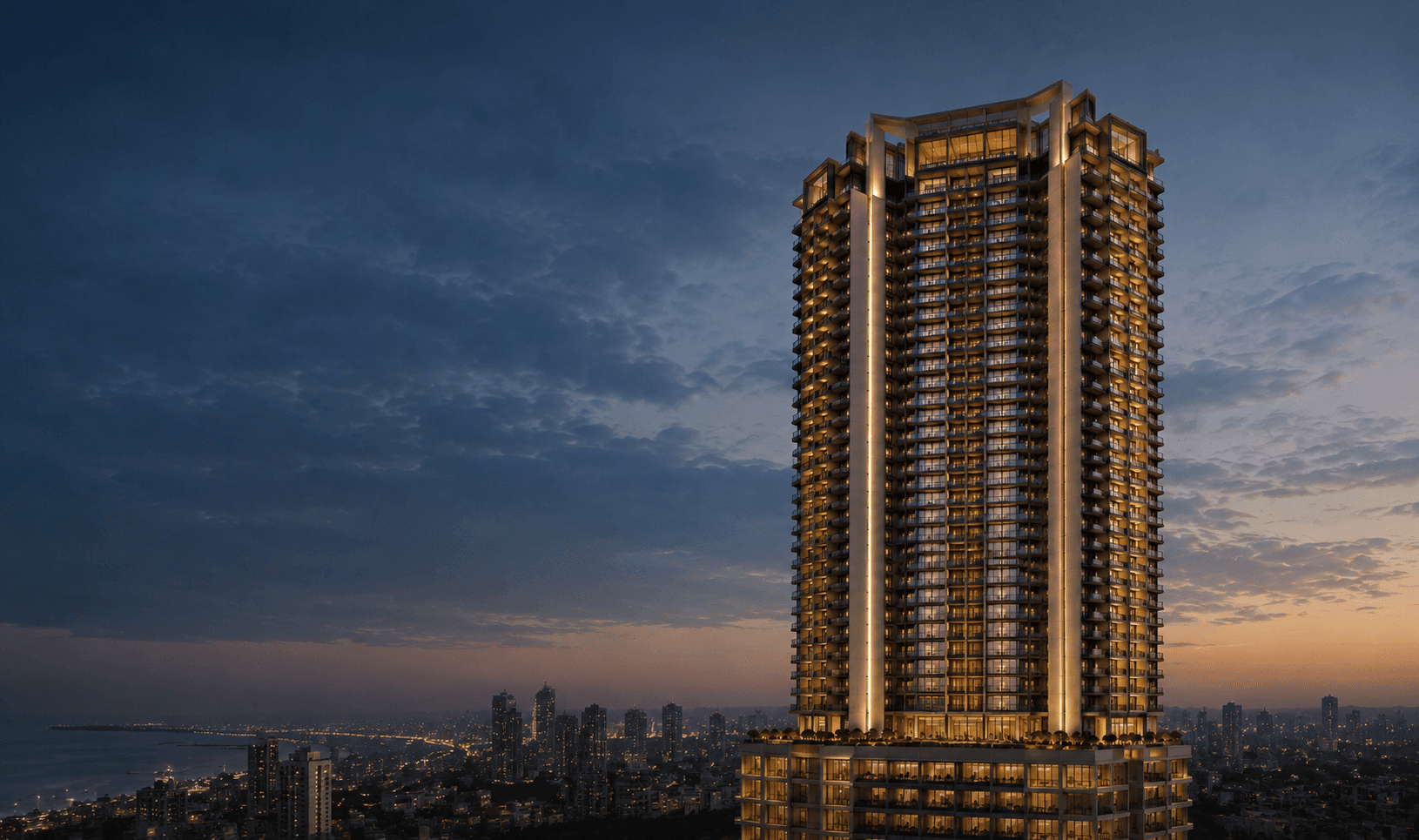 SKY54 residential tower at twilight, Malad East, Mumbai