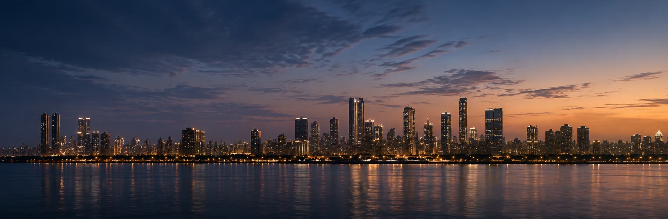 Mumbai skyline at twilight in warm light